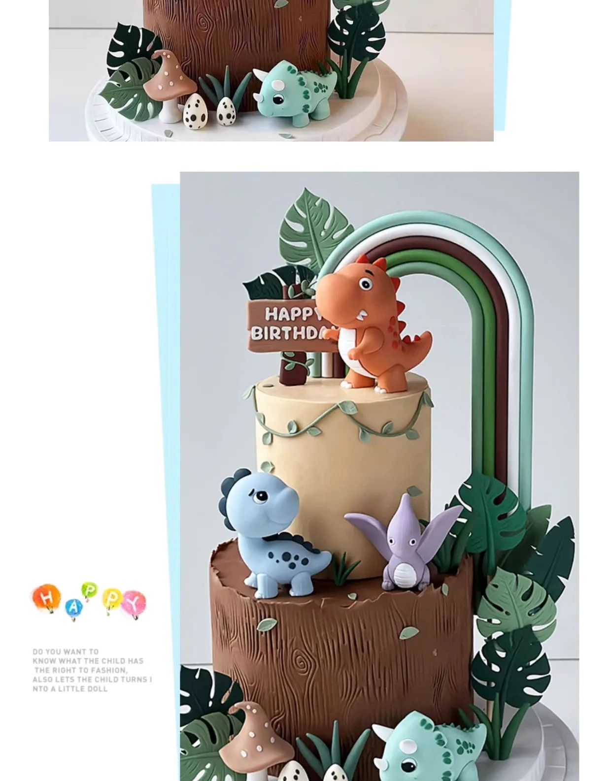 Dinosaurier-Kuchendekorationen mit Waldmotiv, Jurassic-Dinosaurierfiguren mit grünen Regenbogenschild-Toppern für Geburtstags- und Babypartys – Detail 4