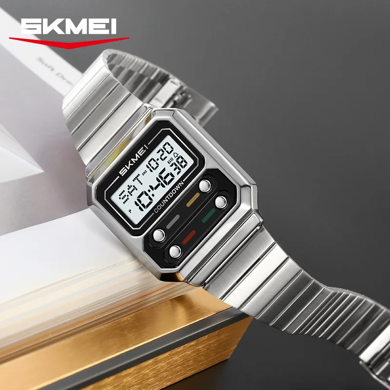 SKMEI 2448 الفاخرة الفولاذ المقاوم للصدأ ساعة رقمية للرجال مقاوم للماء العد التنازلي للصدمات رجالي ساعات المعصم Relojes Para Hombre