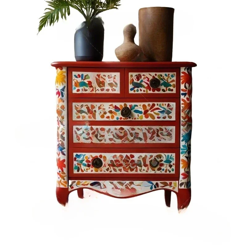 

Retro solid wood painted entrance cabinet, living room locker decorative cabinet, red bucket cabinet