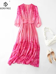 BirdTree, 100%Real Silk Elegant Dresses, Women Half Sleeve V Neck Print, French Vacation Beach Dress, 2024 Summer New D45651QM