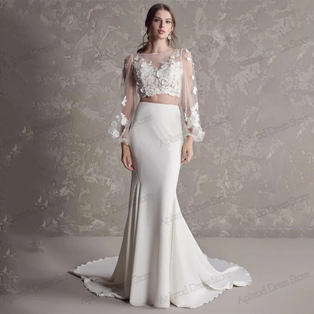 

Vintage Wedding Dresses Satin Sheath Mermaid Lace Appliques Long Puff Sleeves Bridal Gowns Illusion Robes 2024 Vestidos De Novia