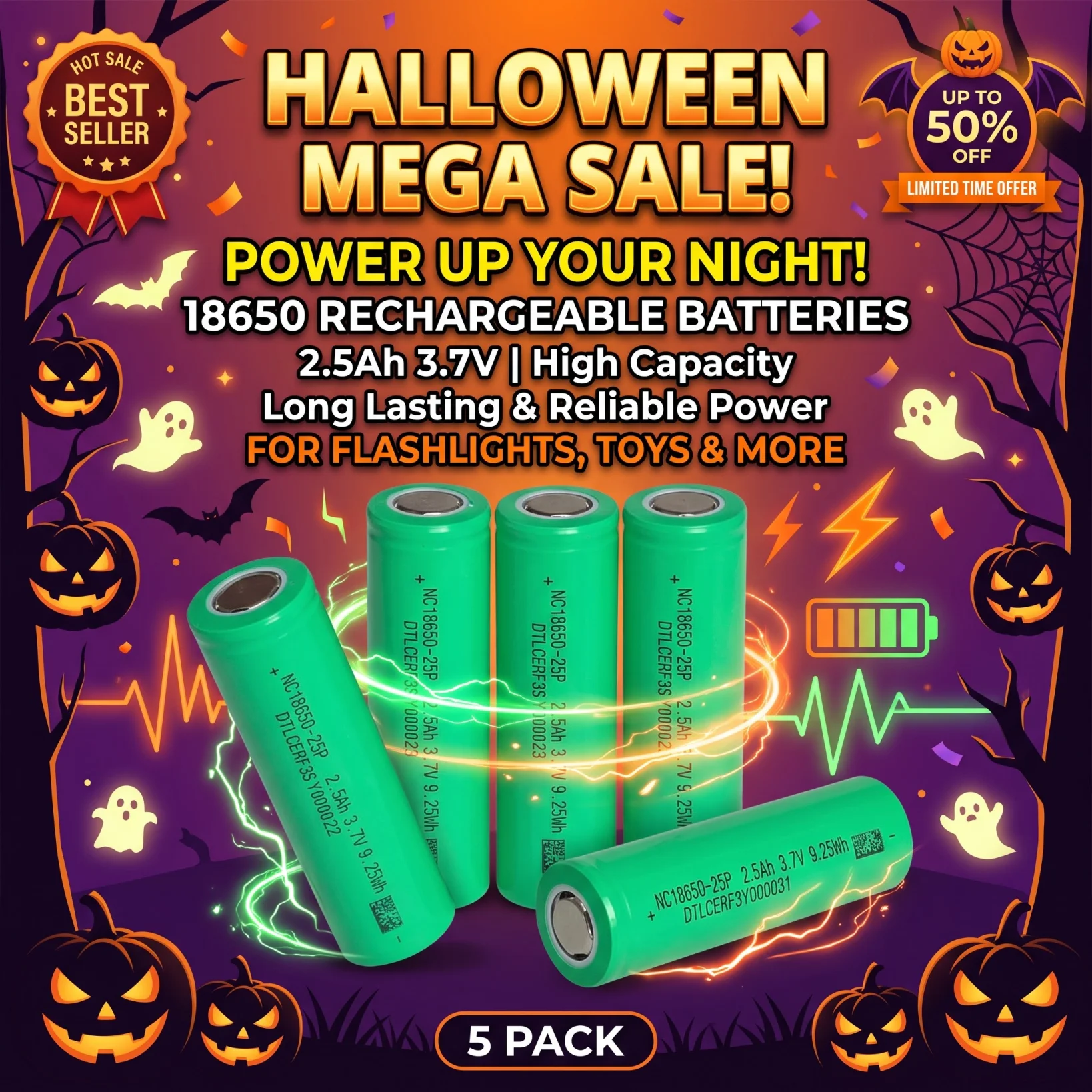 18650 Li-ion Battery 3.7V 2500mAh Rechargeable Cell 18*65mm for Halloween Pumpkin Light Christmas String Light Flashlight DIY