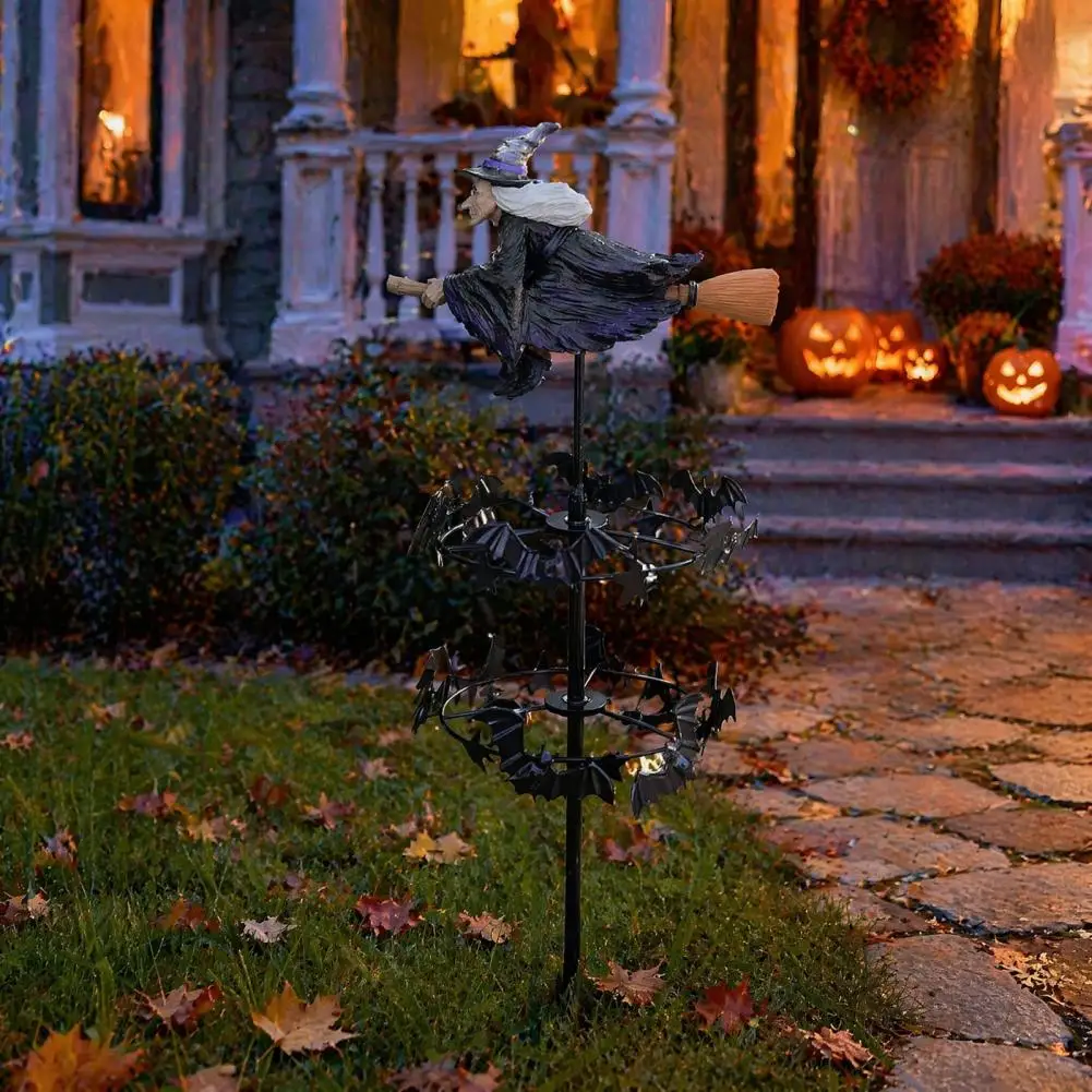 Halloween Wind Spinner for Yard Witch Garden Wind Spinner Halloween Resin Statue with Spooky Outdoor Yard Art Stake for Fall