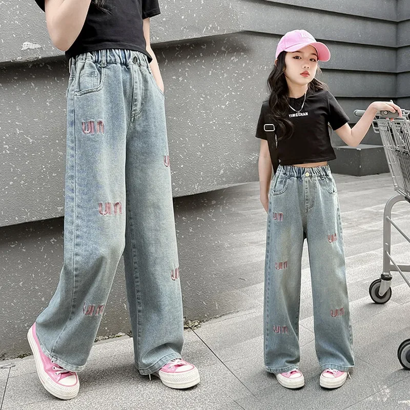 Girls Jeans 2024 Spring New Paste Cloth Embroidery Design Wide Leg Pants Kids Trendy Teenage Children's Trousers 8 10 14 Years