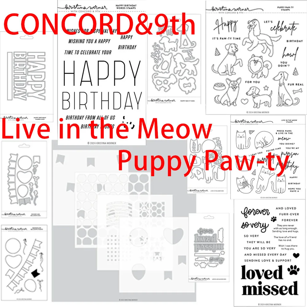 

Happy Birthday Words 9th New Die Stamps Stencils Set Loved Missed Live in the Meow Puppy Paw-Ty Banner Die DIY Scrapbooking Card