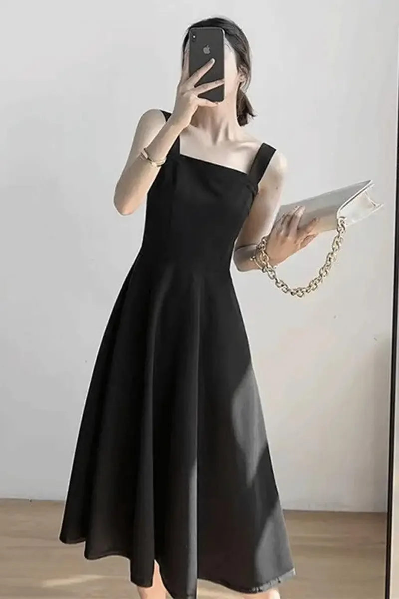 Casual Elegant Midi Strap Dress Women Black Sexy Sleeveless Slim Korean Dress Female 2024 Autumn Fashion Evening Party Dress Y2k