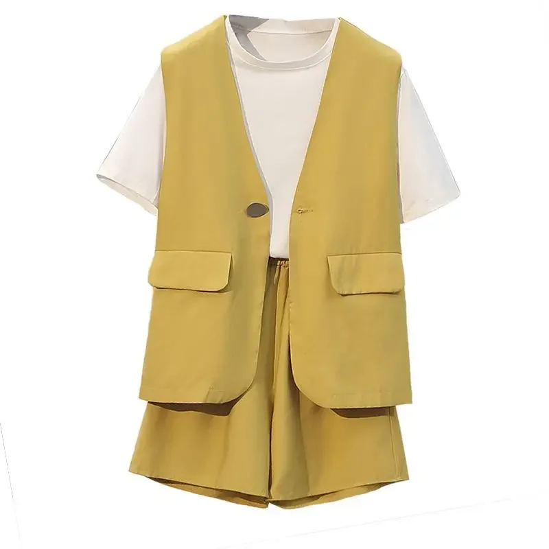 Summer Large Size Women's Summer Suits Women's Thin Suit + Vest+ T-shirt Western Style Shorts Three-piece Suit