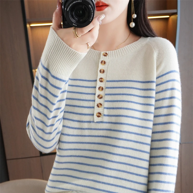Women Sweater Autumn Winter O-neck Cotton Warm Loose Striped Buttons Long Sleeve Bottoming Shirt Casual Korean Pullovers Jumpers