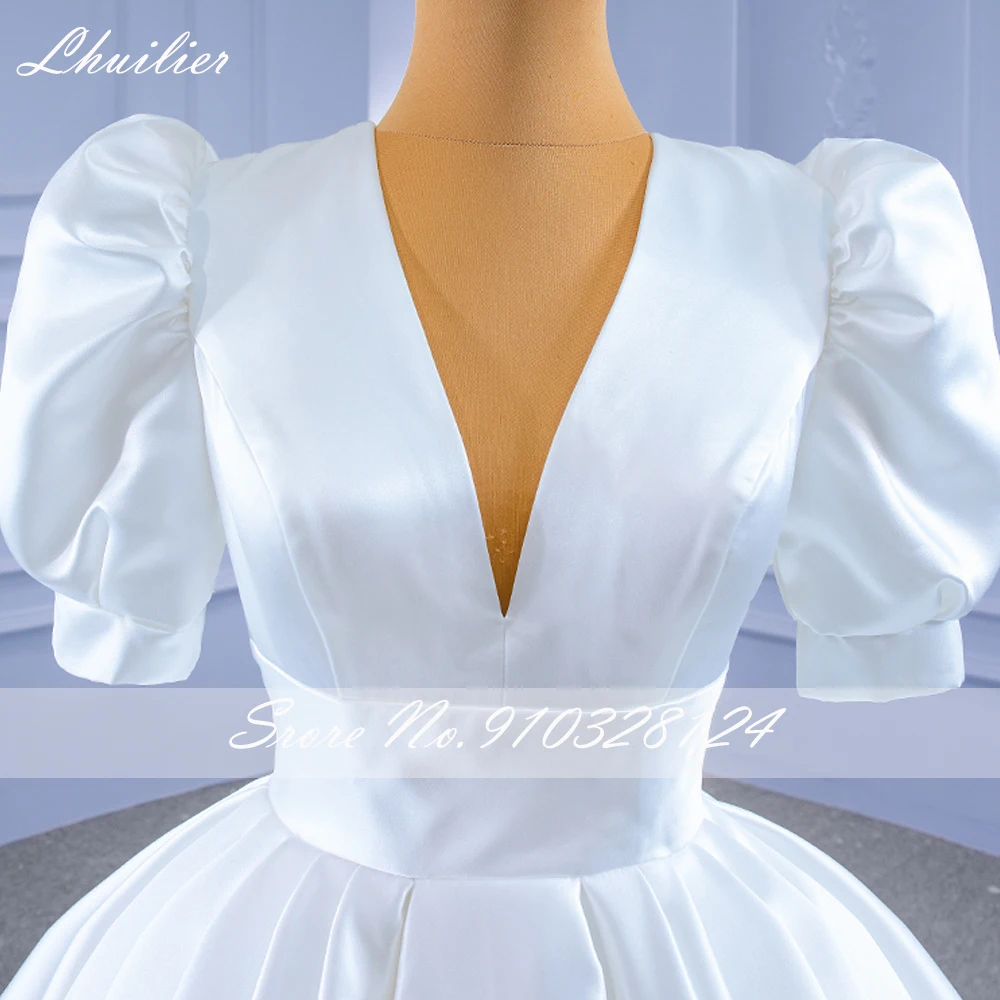 Lhuilier Customized V Neck Ball Gown Satin Wedding Dresses Short Puff Sleeves Bridal Gown with Chapel Train