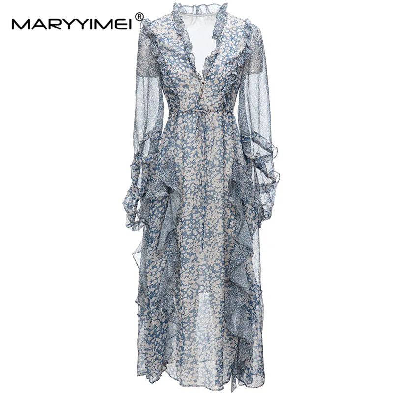 

MARYYIMEI Lantern V-Neck Vintage Print dress Spring Autumn Lace-Up Ruffle Fashion Women's Holiday Slim Long Dresses
