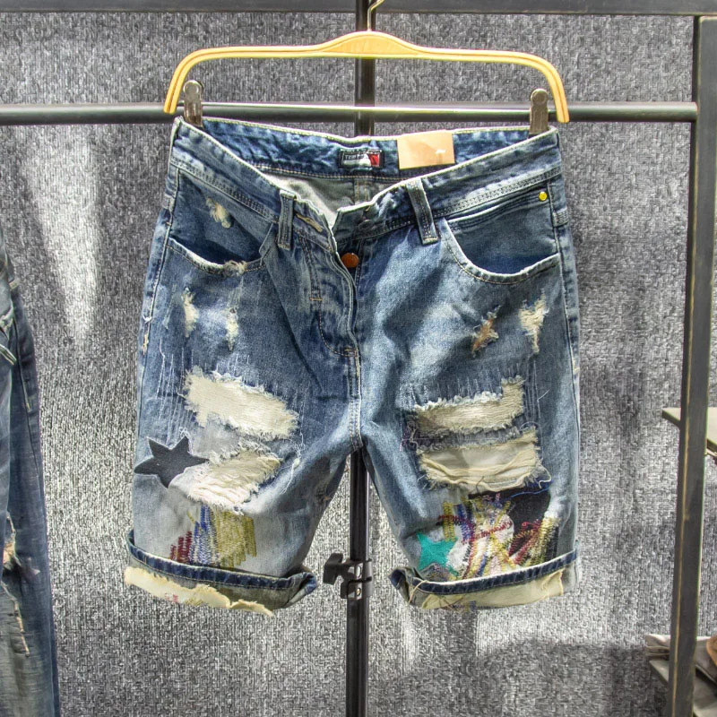 

Trendy Men's Embroidered Slim Fit Jeans orts Elastic Waist Casual Summer Blue Denim Youth Faion Straight Leg Five-Quarter...