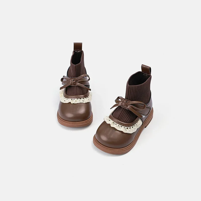 Girls Princess Leather Boots Vintage Sweet Lace Children Bow Short Boots Non Slip Kids Ankle Sock Boots Wedding Party