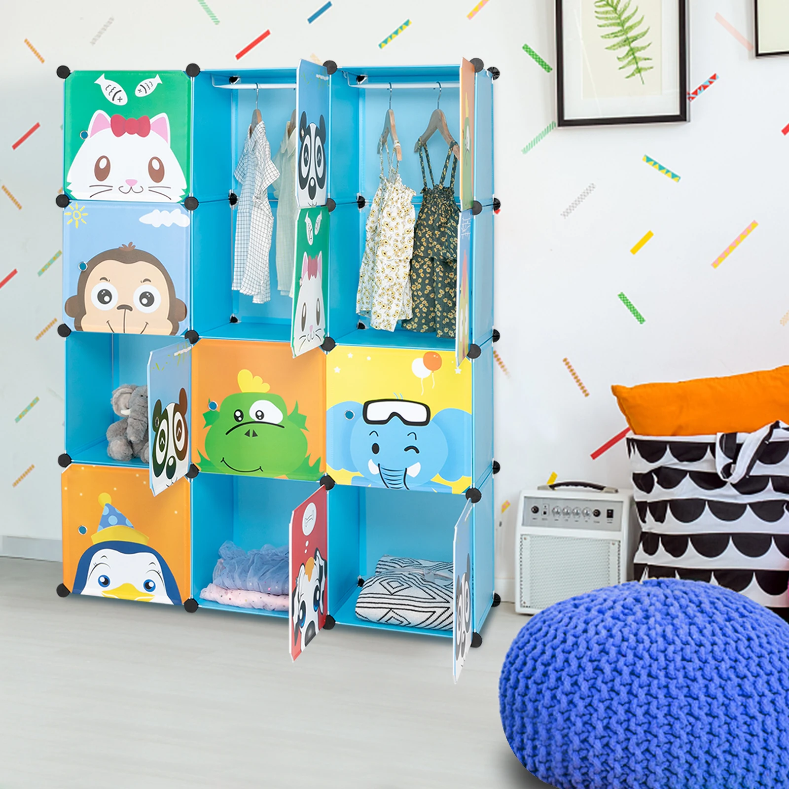 4-Layer 12-Grid 2-Hanging Rod Magic Cube Wardrobe, Plastic + Steel Wire Material with Animal Pattern, Pattern Door Blue Cabinet