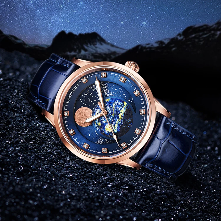 HANBORO Men Automatic Watch 42MM Moon Phase Mechanical Wristwatch Luminous 50 Waterproof Sapphire Mirror