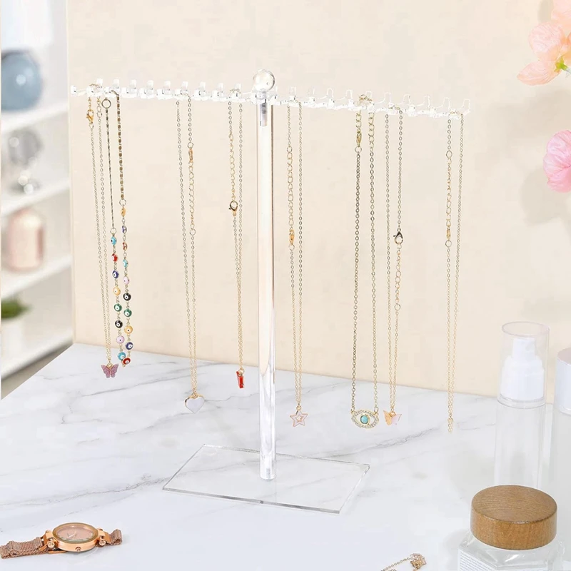 Acrylic Necklace Organizer, Clear Necklace Holder Stand, Jewelry Organizer Display Hanger Rack With Bilateral Hooks