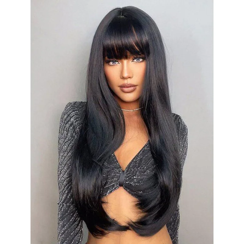 New Long Straight Wig With Bangs Black Synthetic Wigs Heat Soft Wig Daily Party