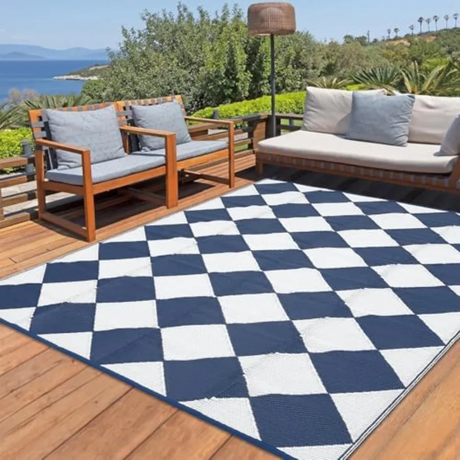 

Outdoor Plastic Straw Rug 8x10, Reversible Waterproof Patio Rug for RV Porch Balcony Camping Picnic Beach, Dark Blue Diamond Pa