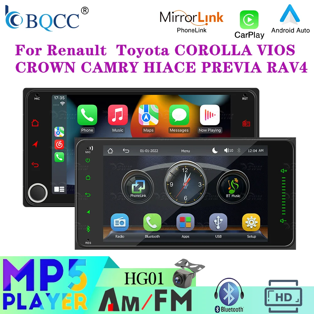 

BQCC 7-дюймовая автомобильная стереосистема для Toyota COROLLA VIOS CROWN CAMRY HIACE PREVIA RAV4 CarPlay Android Auto, экран мультимедийного плеера