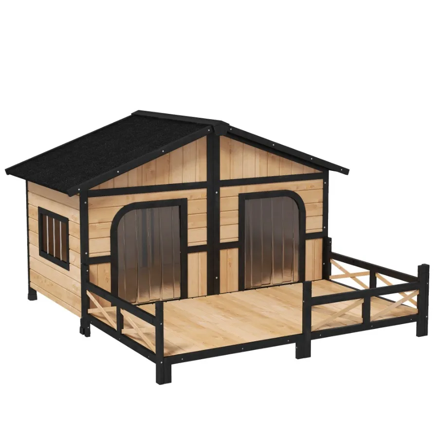

59"x64"x39" Large Wooden Dog House Raised Weatherproof Rustic Log Cabin Style Elevated Pet Shelter Porch Deck Natural