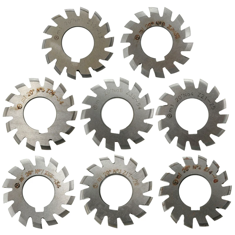 8PCS Set NO.1-NO.8 M1 M2 M3 M4 M5 M6  M8  PA20 Degrees CNC HSS Module Gear Milling Cutter Involute Gear Cutting Tools