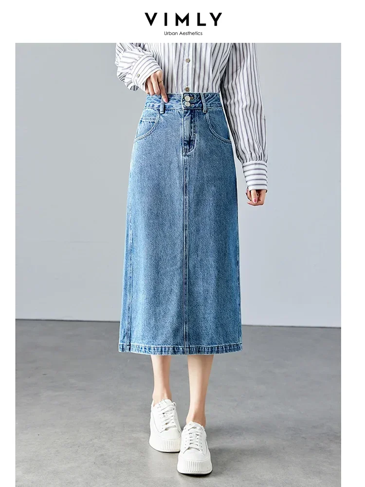 Vimly Split Midi Blue Denim Spódnice dla kobiet Casual Prosta dżinsowa spódnica 2024 Wiosna Jesień Spódnice Odzież damska 72059