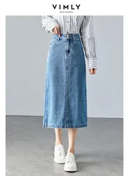 Vimly-Jupe en jean bleu mi-longue fendue pour femme, bas en jean droit, vêtements décontractés pour femme, printemps, automne, 2024, 72059