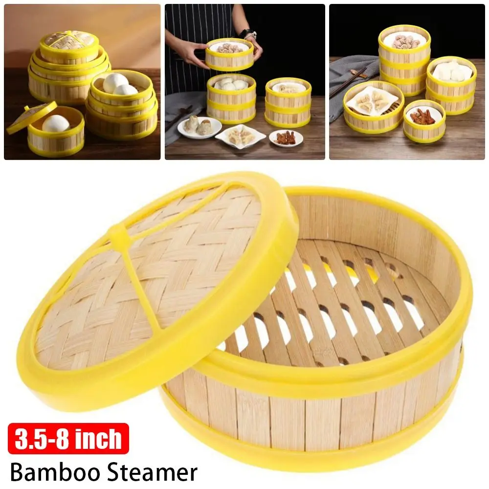 1Pcs New Handmade Bamboo Steamer 3.5-8 inch Multi-function Steamer Basket With Lid Dumpling Steamer Cook Sticky Rice
