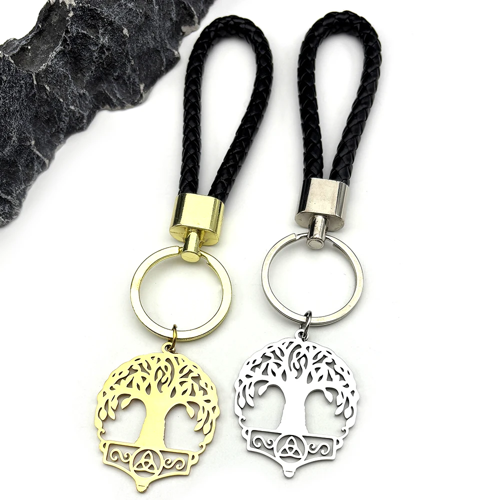 

Tree Of Life Clover Knot Keychains For Women Men Stainless Steel Silver Color Faith Hollow Pu Leather Keyring Jewelry