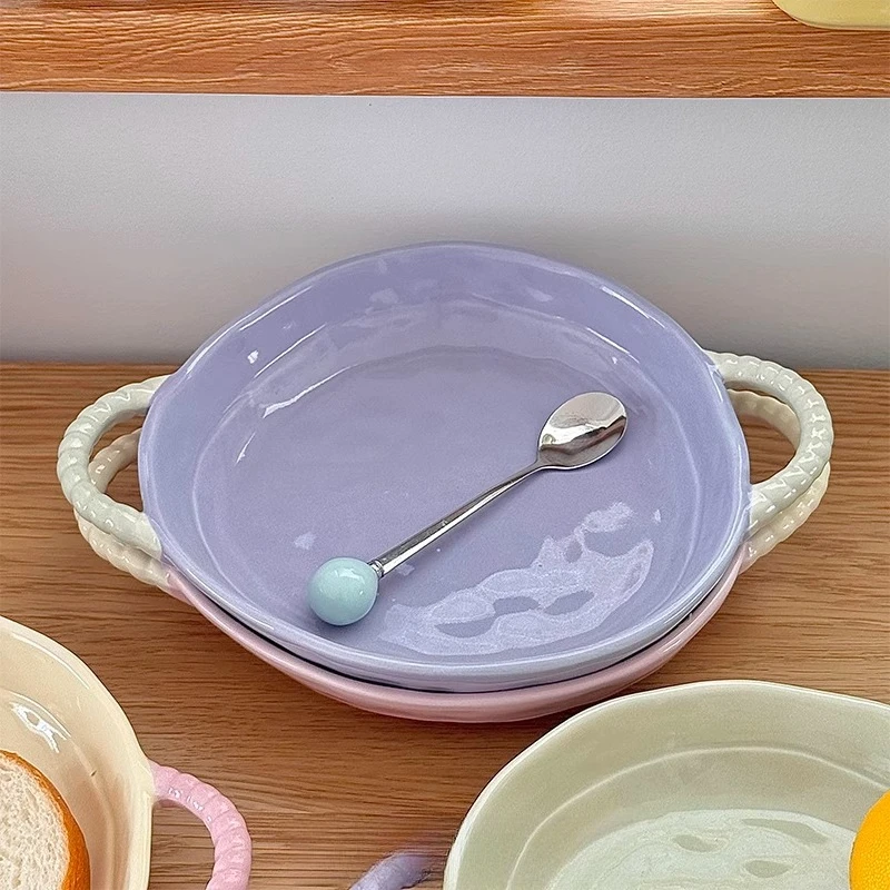 French color blocked double ear ceramic disc underglaze color craftsmanship household anti scald breakfast plate fruit plates