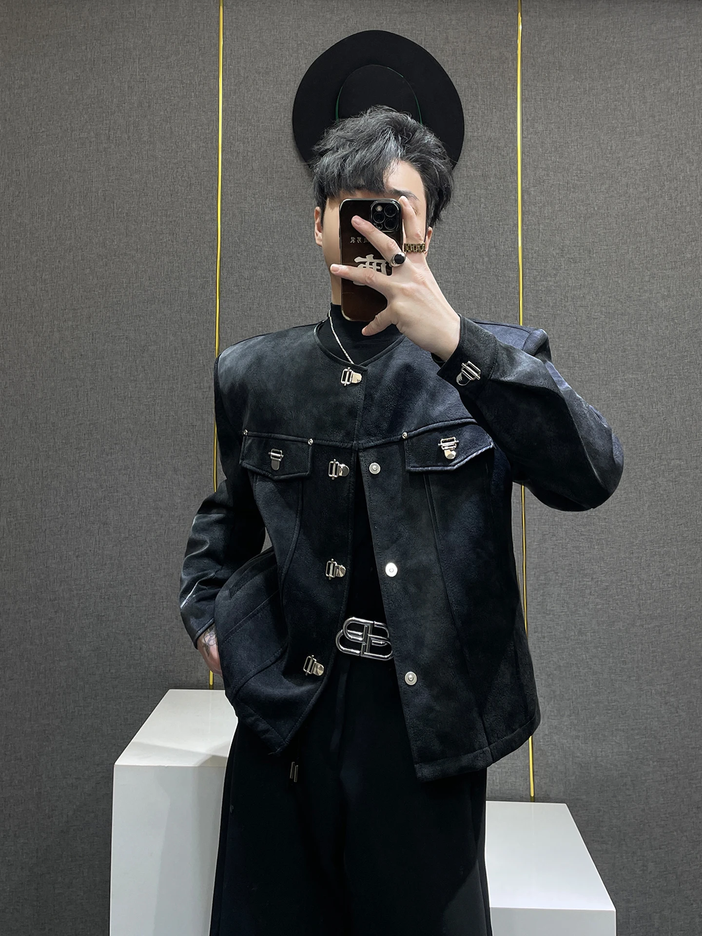 

Pink ort Men's Leather Jaet Unique Design Metal Bule Trendy Outerwear High-End Feeling Little-Known Design Sense