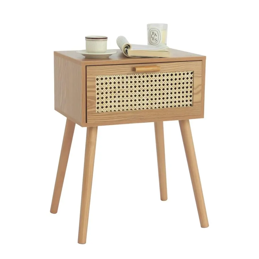 

Mid Century Nightstand, Rattan Side Table with Drawer, Modern Bedside Table with Storage and Solid Wood Legs for Living Room, Be