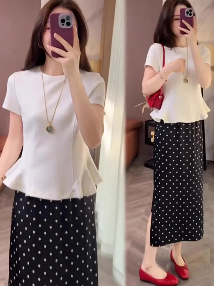 

Elegant Pleated Waist Short Sleeve T-Shirt And Polka Dot Skirt Set Women's Fashion Summer Outfit Casual Wear High Waist