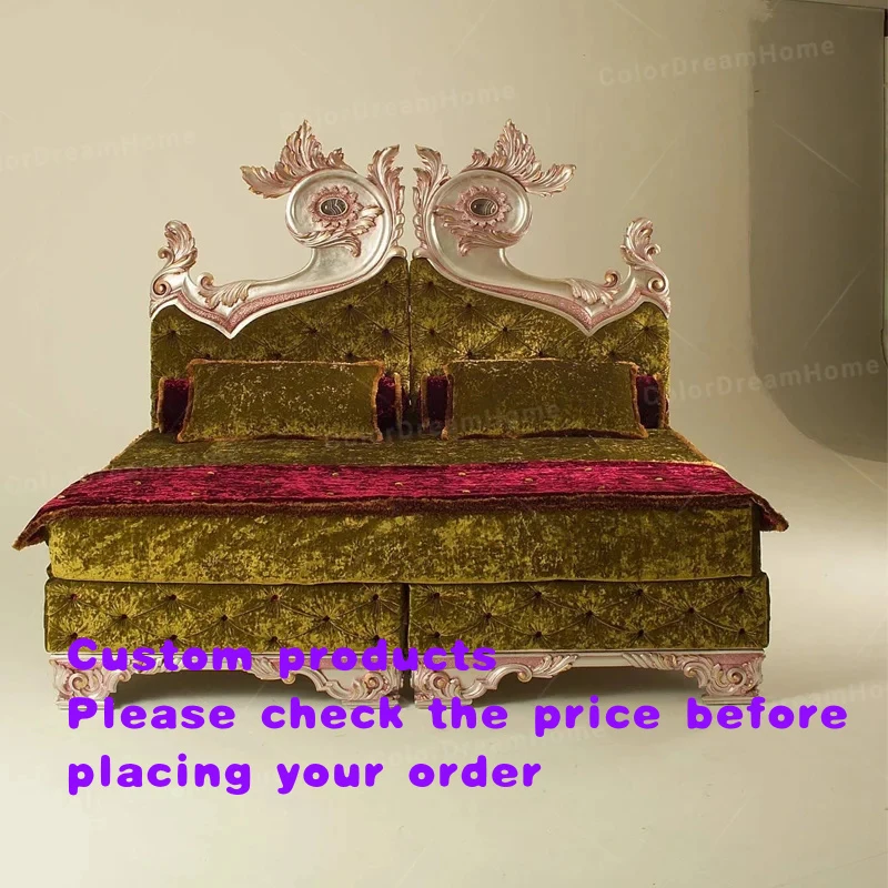 custom.European Vintage Luxury Bedroom Furniture Green Velvet Double Bed with Floral Carvings Solid Wood Frame