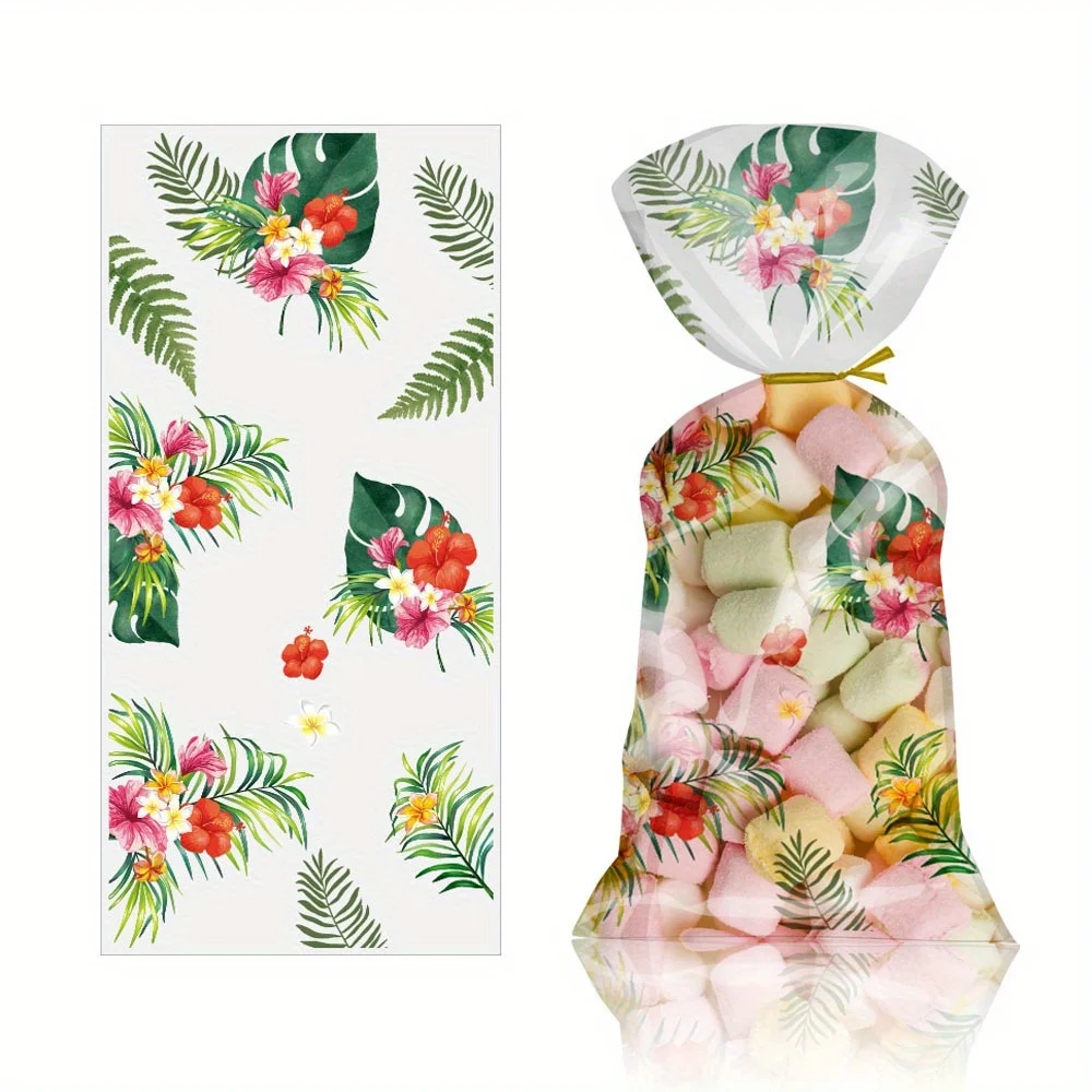 100 pcs Hawaiian  Cellophone Treat Bags,Summer Tropical Themed Candy Bags  Leaves Goodie Bags with 100 Twist Ties