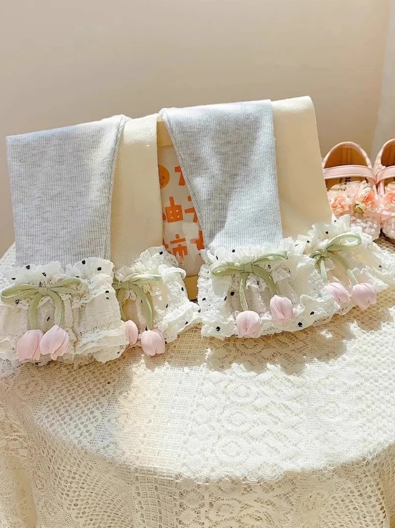Niedliche Polka-Dot-Spitzen-Tulpenhose für Mädchen Herbst Vielseitige Oberbekleidung Trendige Lange Leggings Anderes Material