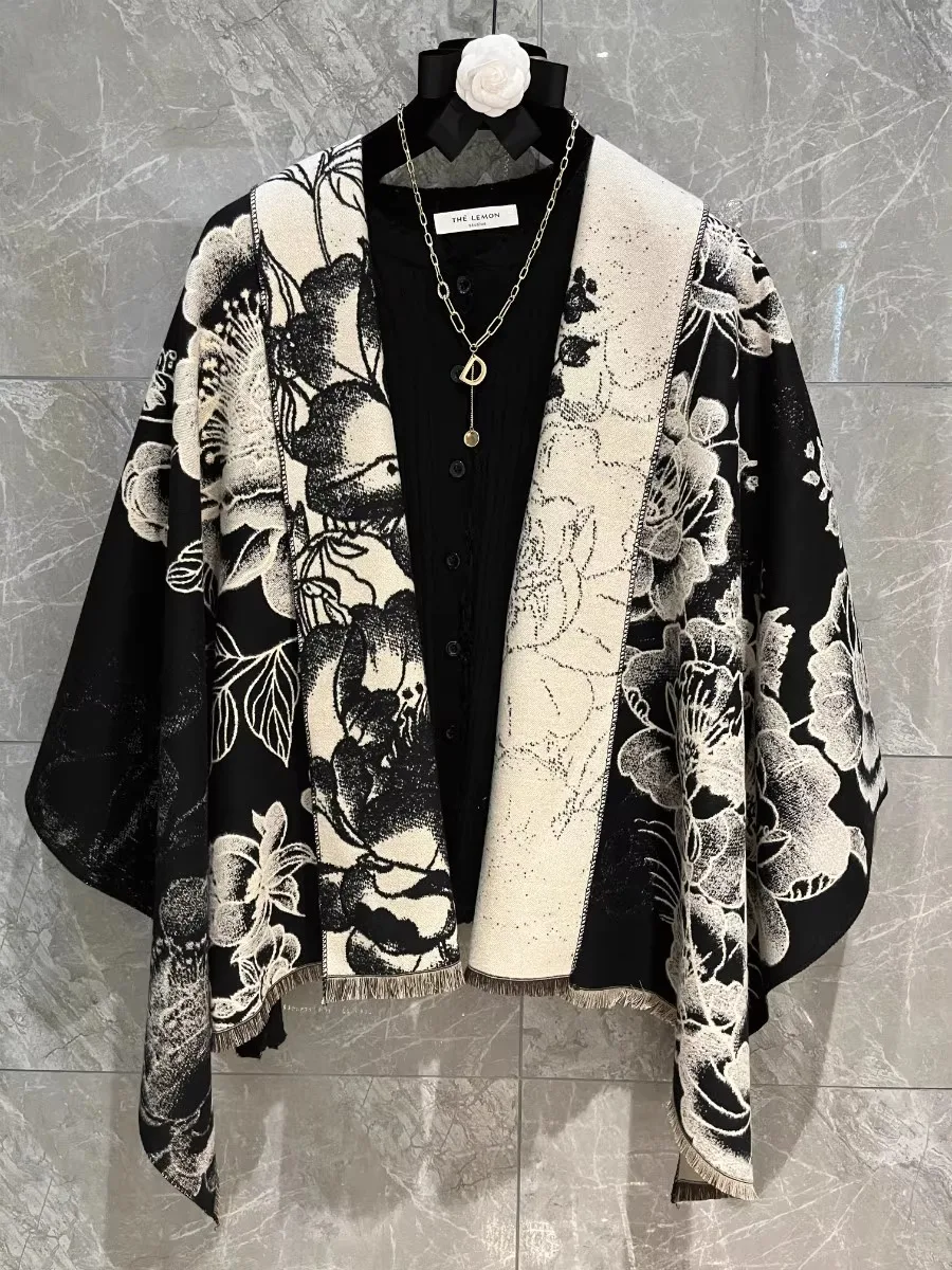 Noble Peony Flower Jacquard Shawl Good Imitate Cashmere Scarf Winter Warm Neckerchief Summer Wraps Cape Versatile Women Gift