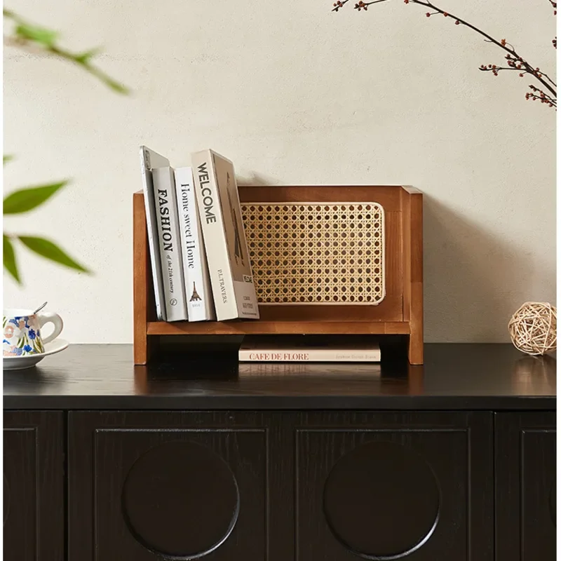 Nordic Creative Book Shelves Solid Wood Magazine Rack Desktop Multilayered Newspapers Shelf Natural Rattan Weaving Display Stand