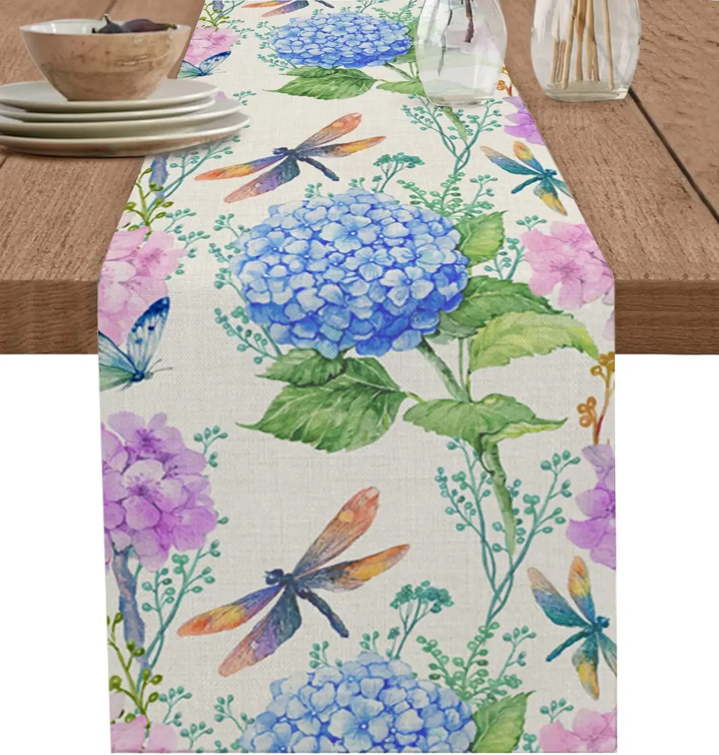 Spring Hydrangea Blue Purple Floral Linen Table Runner Dresser Scarves Decor Farmhouse Table Runners Holiday Party Decoration