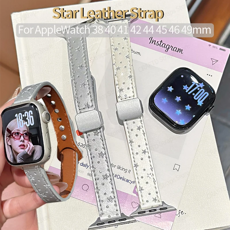 Leather Strap for Apple Watch Series 7 8 9 10 11 Star Wristband for Iwatch Band 44mm 45 49 42 46mm 38 40 41 Correas Accessories