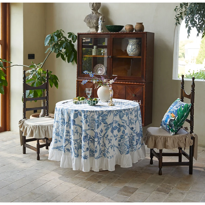 DAVINRICH French Rustic Round Tablecloth With Lace Ruffles Spiraea Chrysanthemum Floral Bird Branch Garden Table Cloth Chic Deco