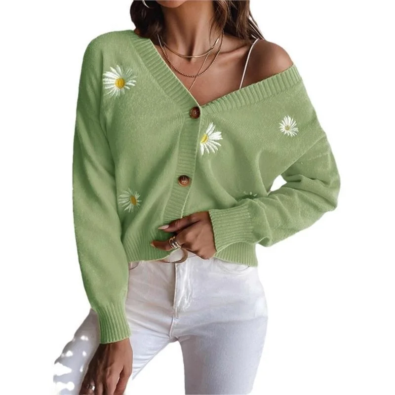 

Sweet Fem Faion Loose Knitted V-ne Sweater Jaet Autumn Winter New Sle Small Cysanthemum Embroidery Open Cardigan