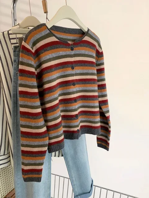 

Корейский кардиган Sueter Mujer с круглым вырезом и длинными рукавами, женская одежда, полосатый Pull Femme, повседневный модный вязаный свитер, пальто