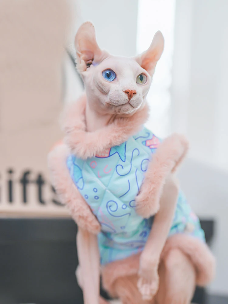 Soft Cotton Coat With Fur for Sphynx Cat Clothes Pink Sweatshirt for Kittens Sweet Costume Sleeves for Female Cats in Winter