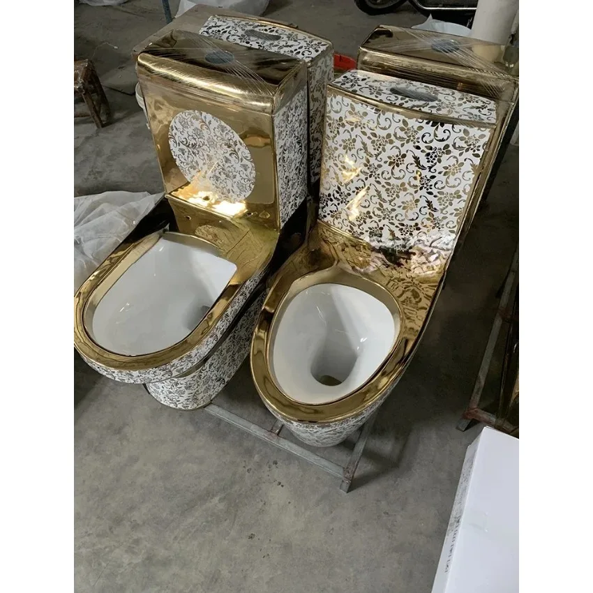 Gold Ceramic Toilet Set, Golden Flush Toilet With Gold Bathroom Wash Basin Sink Combo