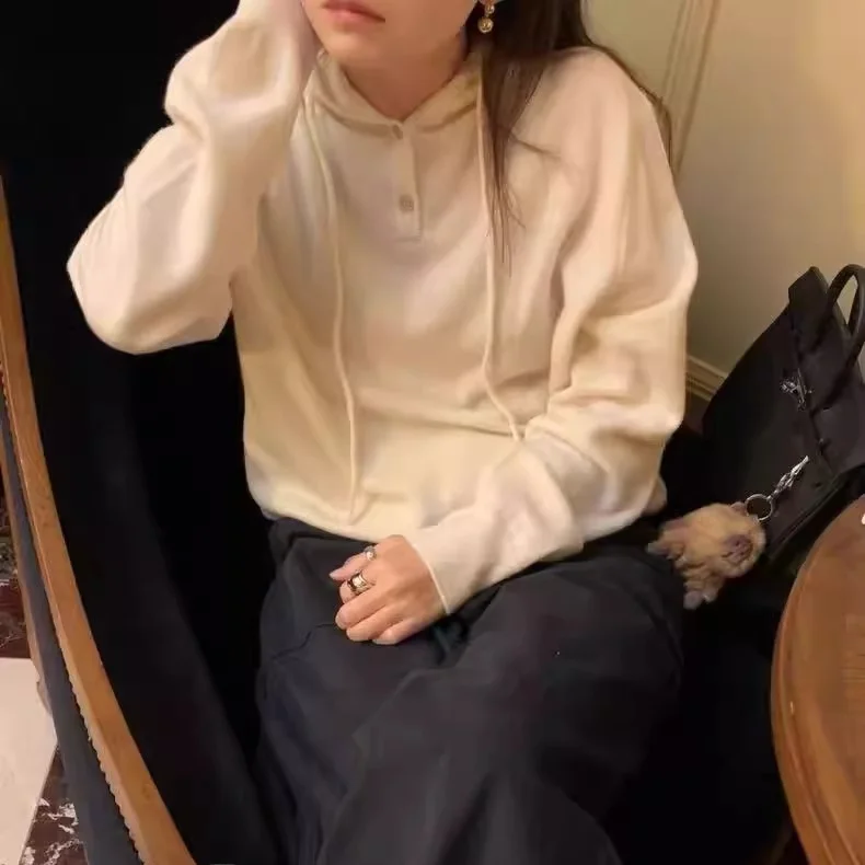 

Lerbe Мягкая шерстяная вязаная шапка, толстовка с завязками, повседневная свободная посадка, женская длинная шапка-свеч, осенне-зимний модный женский трикотаж