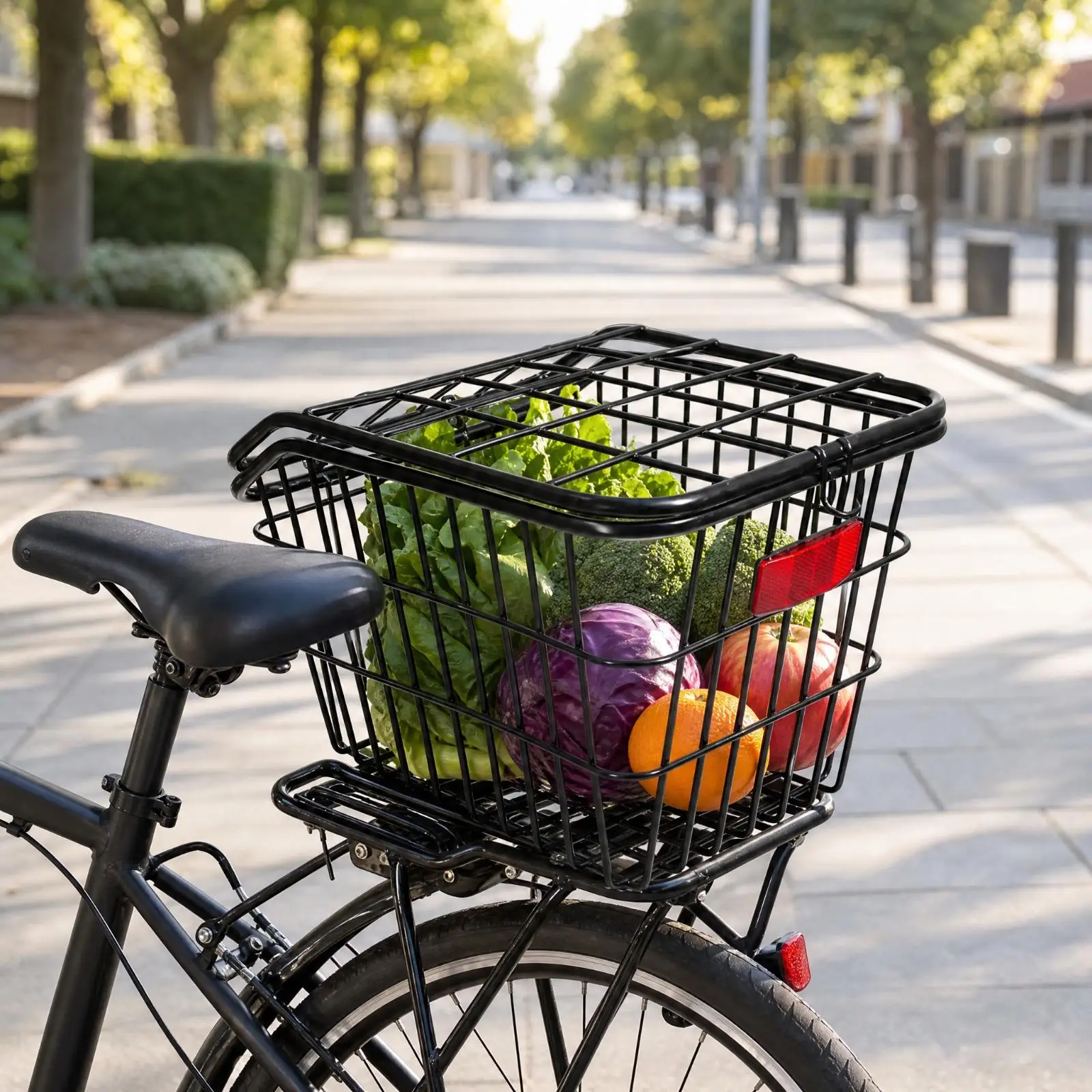 Metal Rear Cycle Basket with Hinged Lid and Red Reflector for Bicycle Rack Storage Basket with Mounting Hardware and Strap