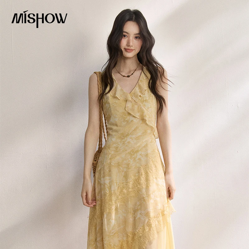 

MISHOW Hunchback Ruffle Edge Dress 2026 Summer New V-Neck Lace Splicing Gentle Slimming Romantic Vacation Long Dress MXF25L2683