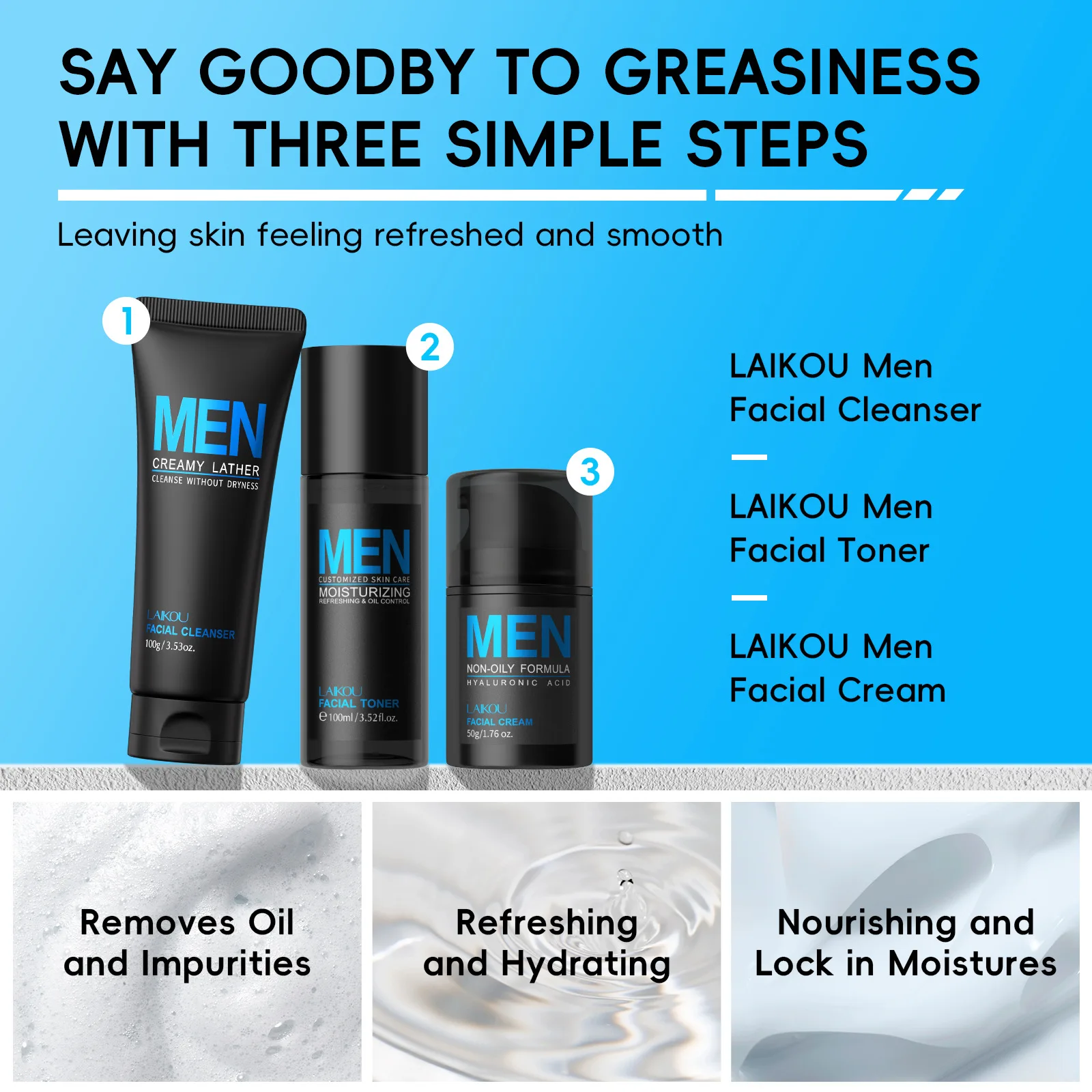 

LAIKOU 3 Piece Men Face Care Set Facial Cleanser Toner Face Cream for All Skin Types Moisturizing Pore Minimizing Skin Care Kit