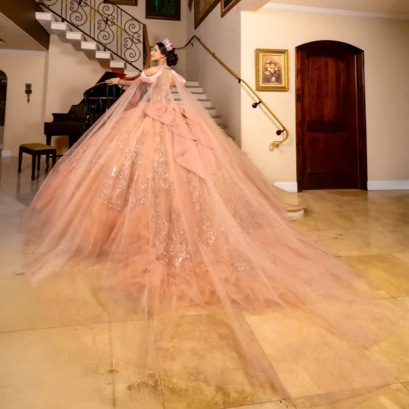 Orange épaules dénudées Quinceanera robe paillettes tulle paillettes décalcomanie dentelle superposition cristal robes de 15 Quinceanera ﻿ Personnalisé
