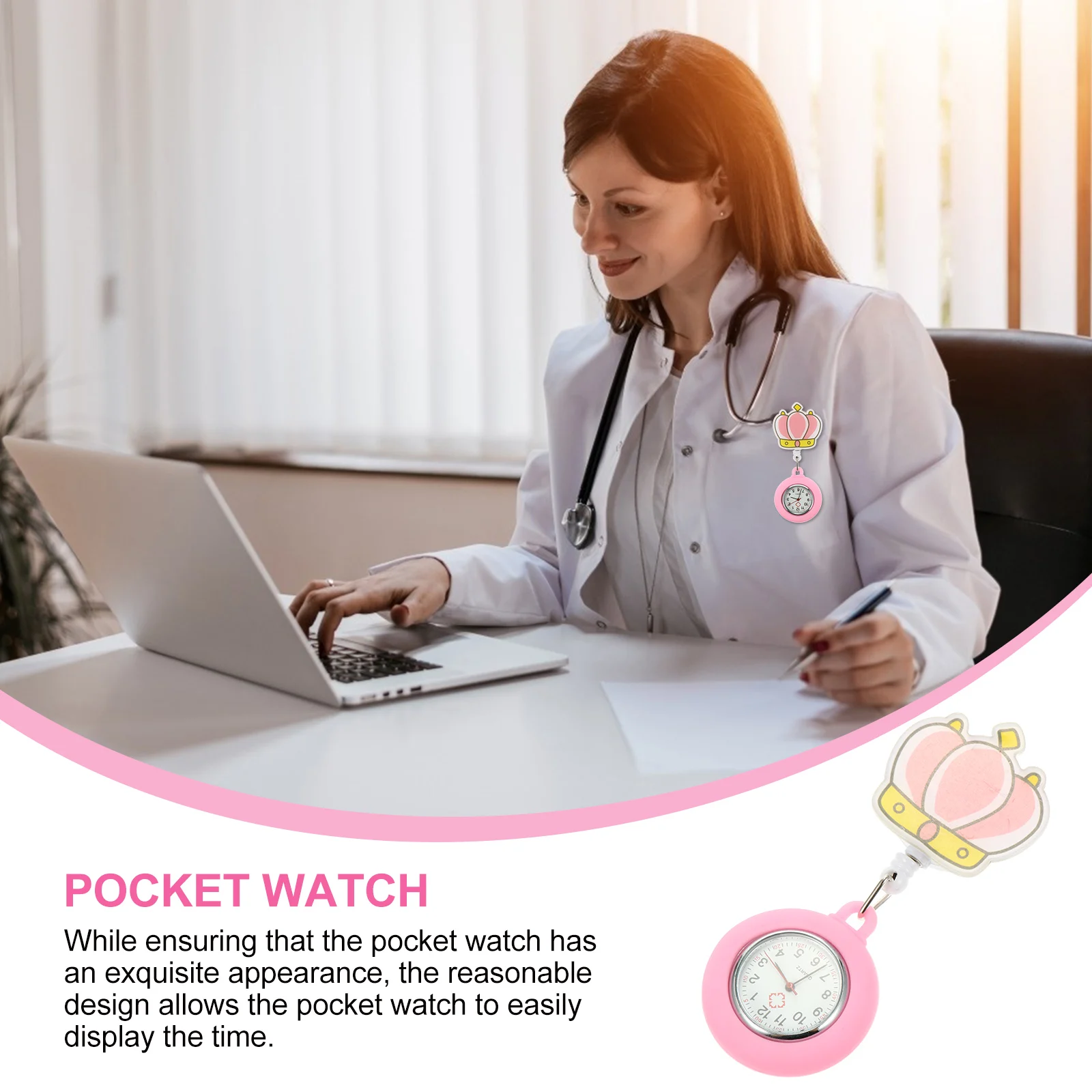 

Quartz Crown Pattern Silicone Luminous Pocket Watch Clip on Nurse Badge Large Dial Time Gift Students Women